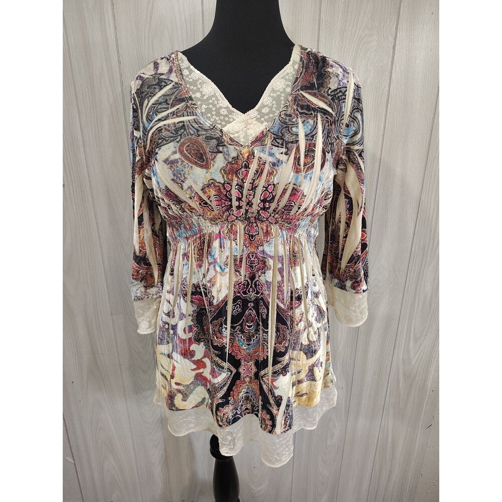 Womens Stretch Knit Tunic Top Floral Boho Lace Sz M Milkmaid Y2K Festival Hippie